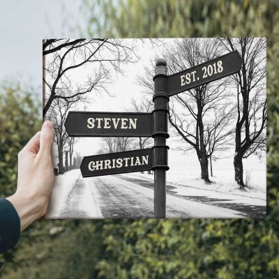 winter road intersection sign - custom couple's name and date on street sign - wedding road sign