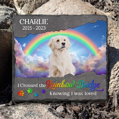 I Crossed The Rainbow Bridge - Custom Dog Memorial Photo Slate Stone - Pet Loss Gifts