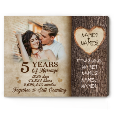 5 Years Of Marriage Custom Photo Canvas, Carve On Tree Personalized 5th Wedding Anniversary Gift, Wood Anniversary Gifts