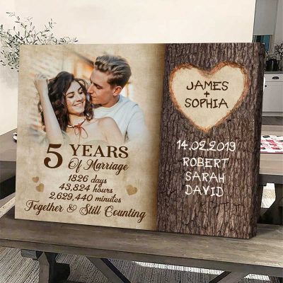 5 Years Of Marriage Custom Photo Canvas, Carve On Tree Personalized 5th Wedding Anniversary Gift, Wood Anniversary Gifts