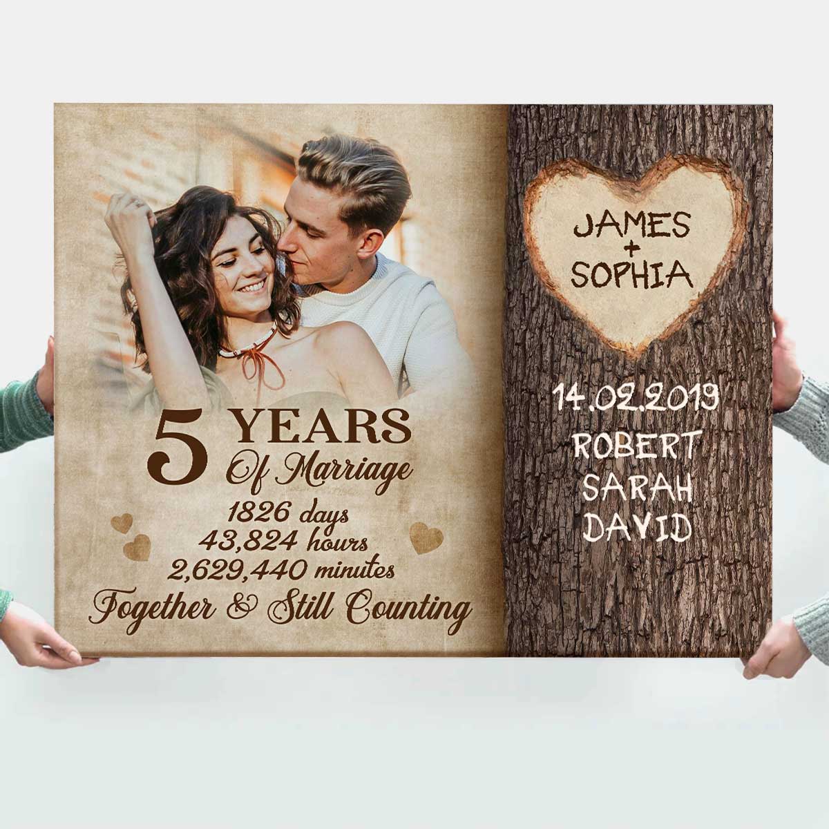 5 Years Of Marriage Custom Photo Canvas, Carve On Tree Personalized 5th Wedding Anniversary Gift, Wood Anniversary Gifts 1 5 Years Of Marriage Custom Photo Canvas, Carve On Tree Personalized 5th Wedding Anniversary Gift, Wood Anniversary Gifts