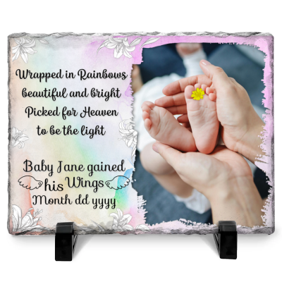Custom Child Memorial Photo Slate - Personalized Grave Marker For Loss Of Child - Infant Loss Sympathy Gift - Wrapped In Rainbows