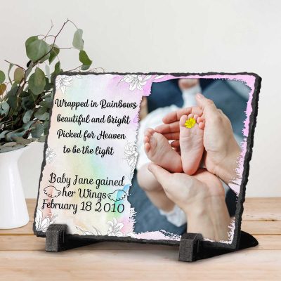 Custom Child Memorial Photo Slate - Personalized Grave Marker For Loss Of Child - Infant Loss Sympathy Gift - Wrapped In Rainbows