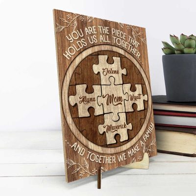 mom you are the piece that holds us all together sign - custom mom puzzle piece wooden plaque with kids name - personalized mother's day puzzle gifts