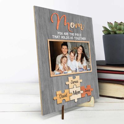 mother's day gift from kids husband - mom puzzle piece wooden plaque with picture - personalized gift for mom - the pieces that holds us together