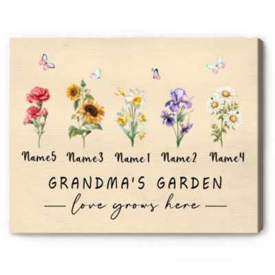 Custom Grandma's Garden Canvas - Birth Flower Gift With Grandkids Names - Mothers Day 2024 Gift For Mom Grandma Nana - Grandma Garden Gifts