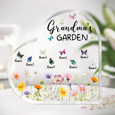 Custom Grandma's Garden Heart Acrylic Plaque - Mother's Day Garden Gifts For Grandma - Grandma Gift Personalized - Butterflies With Kids Name Block