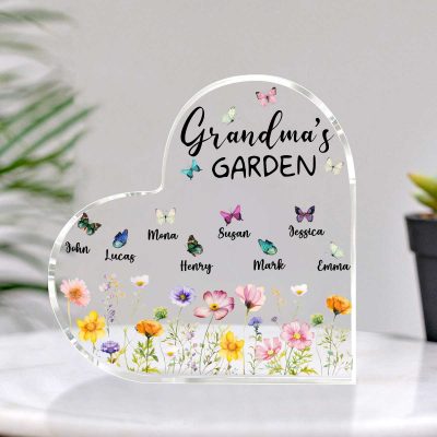 Custom Grandma's Garden Heart Acrylic Plaque - Mother's Day Garden Gifts For Grandma - Grandma Gift Personalized - Butterflies With Kids Name Block