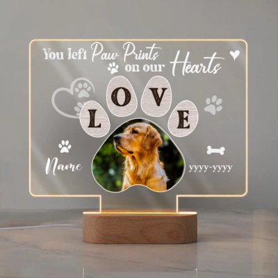 Custom Pet Memorial Night Light, You Left Paw Prints On Our Hearts Memorial Plaque, Personalized Dog Memorial Gift, Pet Loss Gifts