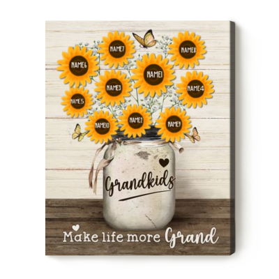 Grandkids Make Life More Grand - Custom Grandkids Name Sunflower Canvas Print - Gardening Gifts For Mothers Day - Grandmother Personalized Gifts