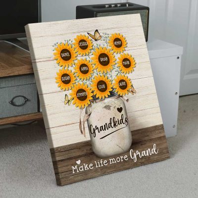 Grandkids Make Life More Grand - Custom Grandkids Name Sunflower Canvas Print - Gardening Gifts For Mothers Day - Grandmother Personalized Gifts