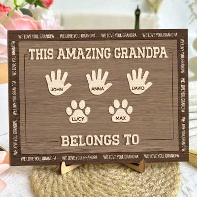 Grandpa Belongs To Custom Name Wood Plaque - Fathers Day Gift From Granddaughter Grandson Pet - Fathers Day Gift For Grandpa