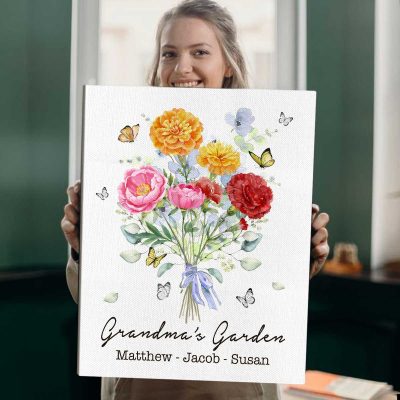 Custom Birth Flower Bunch Canvas for Grandma - Grandma's Garden Wall Art with Kid's Name - Birth Flower Family Bouquet Mothers Day Gifts For Nana