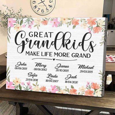 Mother’s Day Gifts For Grandma - Great Grandkids Make Life More Grand - Grandchildren Names And Birthdays Canvas - Custom Sign For Grandparents