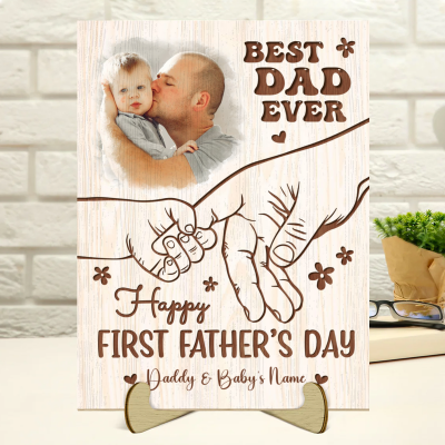 Happy First Father's Day Gift - Custom Baby And Daddy Holding Hand Wooden Plaque - Father's Day Gift For First Time Dads - Gift For New Dad From Wife