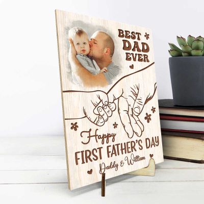 Happy First Father's Day Gift - Custom Baby And Daddy Holding Hand Wooden Plaque - Father's Day Gift For First Time Dads - Gift For New Dad From Wife
