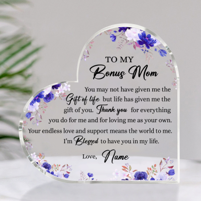 To My Bonus Mom - Custom Bonus Mom Poem Heart Acrylic Plaque -  Second Mom Birthday Gift From Daughter Son - Sentimental Gift For Bonus Mom