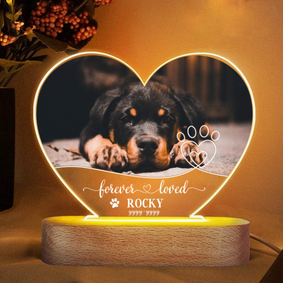 Forever Loved - Custom Photo Pet Memorial Acrylic Heart Night Light - Pet Death Gift - Gift For Losing Dog