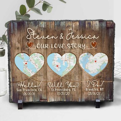 Hello Will You I Do - Custom Heart Map Art Slate - Wedding Gifts For Bride And Groom - Personalized Map Gift For Anniversary Wedding