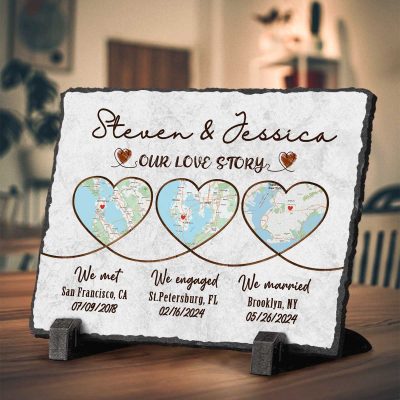 Met Engaged Married - Custom 3 Location Map Art Slate - Personalized Location Map Wedding Anniversary Gifts - Newlywed Gift