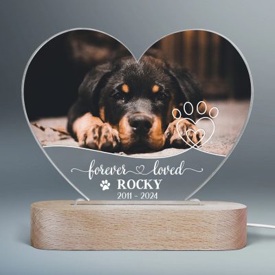 Forever Loved - Custom Photo Pet Memorial Acrylic Heart Night Light - Pet Death Gift - Gift For Losing Dog
