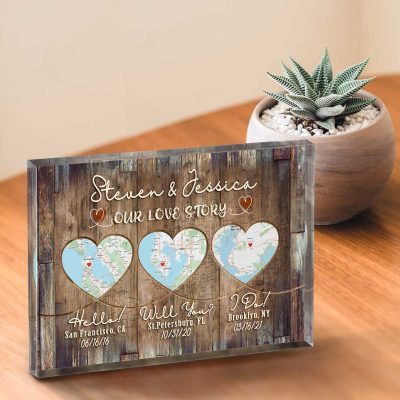 Hello Will You I Do - Custom Multi Location Map Acrylic Plaque - Anniversary Wedding Gift For Couple - Our Love Story Map Block