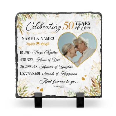 50 Years Of Marriage Picture Stand Stone - 50th Wedding Anniversary Gifts For Parents - Gold Wedding Anniversary Keepsake Plaque