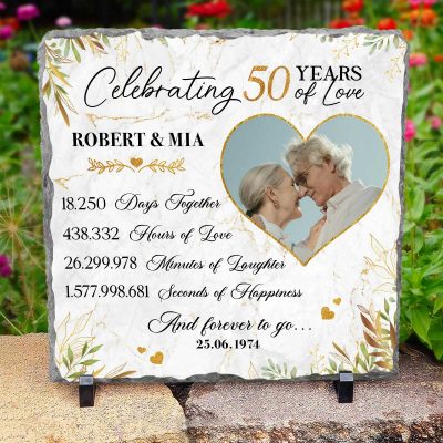 50 Years Of Marriage Picture Stand Stone - 50th Wedding Anniversary Gifts For Parents - Gold Wedding Anniversary Keepsake Plaque