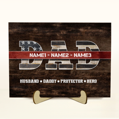 Custom Firefighter Dad Wooden Plaque with Kids Names - Personalized Firefighter Dad Wood Sign Thin Red Line - Gift for Firefighter Fireman
