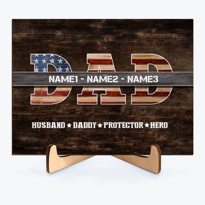 Husband Daddy Protector Hero - Custom Military Patriotic Dad Wooden Plaque With Kids Names - Patriotic Gifts For Dad For Husband