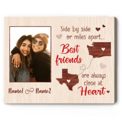 Personalized Distance Friendship Gifts - Side By Side Or Miles Apart Custom Photo Canvas Print - Long Distance Christmas Gifts For Friends