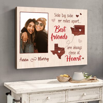 Personalized Distance Friendship Gifts - Side By Side Or Miles Apart Custom Photo Canvas Print - Long Distance Christmas Gifts For Friends