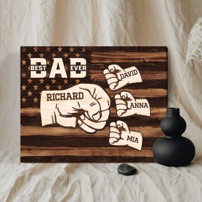 Fist Bump Dad And Kids Custom American Flag Sign - Patriotic Gifts For Dad With Names - Christmas Gifts For Dad From Kid