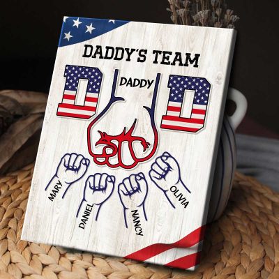 Daddy's Team Sign With Kids Names - Daddy Fist Bump Custom Flag Canvas Print - Father Patriotic Gifts - Unique Christmas Gifts For Dad Husband