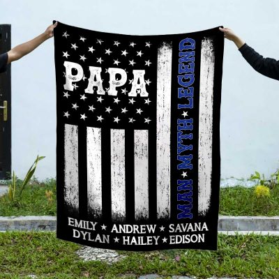 Custom Papa Thin Blue Line Flag Blanket - Christmas Gift For Police Grandpa Dad - Patriotic Police Blanket Gift With Grandkids Names
