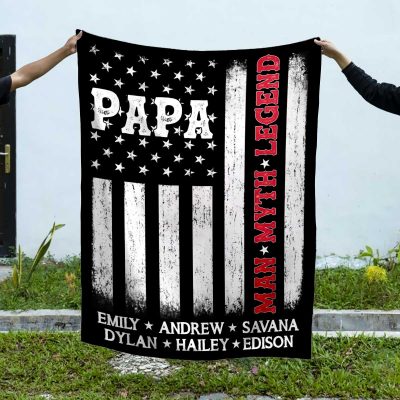 Custom Papa Thin Red Line Flag Blanket - Firefighter Christmas Gifts - Firefighter Grandpa Blanket With Grandkids Names