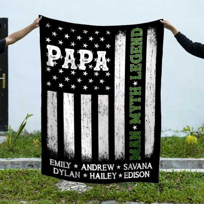 Custom Papa Thin Green Line Flag Blanket - Army Christmas Gift For Men - Military Grandpa Gifts With Grandkid Names