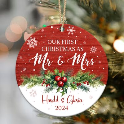 Our First Christmas As Mr & Mrs - 1st Christmas Married Custom Ceramic Ornament - First Year Married Keepsake