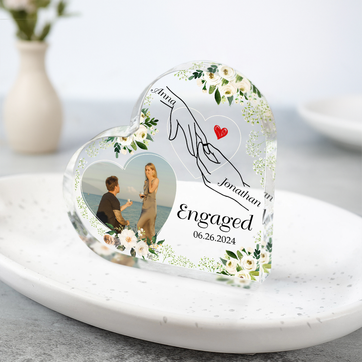 Engagement Photo Plaque With Hand Holding Line Art – Gifts For New Fiancée – Engagement Keepsake Gift – Custom Newly Engaged Acrylic Block