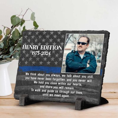 Custom Police Officer Memorial Photo Slate - Bereavement Gift For Police - Police Thin Blue Line Memorial Stone - Police Officer Sympathy Gift