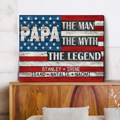 The Man The Myth The Legend - Custom Grandpa American Flag Sign With Grandkids Names - Patriotic Christmas Gifts For Men
