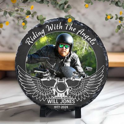 Motorcycle Headstones For Graves - Riding With The Angels Biker Custom Memorial Stone - Harley Davidson Memorial Gifts
