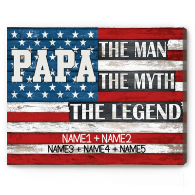 The Man The Myth The Legend - Custom Grandpa American Flag Sign With Grandkids Names - Patriotic Canvas Print - Patriotic Gifts For Men