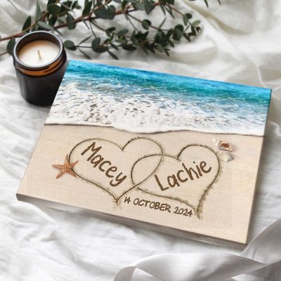 Heart In Sand Canvas With Names And Important Date - Custom Beach Engagement Gift - Coastal Wedding Gifts For Couple Personalized