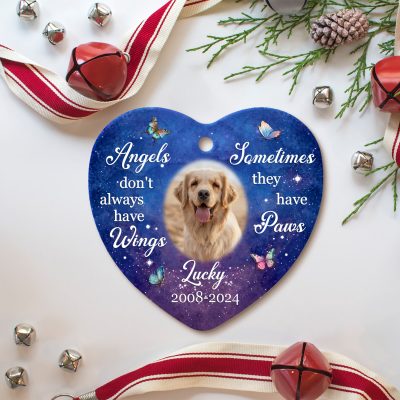 Angels Don't Always Have Wings Sometimes They Have Paws - Personalized Dog Memorial Photo Ceramic Ornament - Custom Pet Loss Keepsake