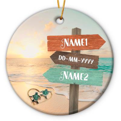Custom Beach Couple Ceramic Ornament With Names - Just Engaged Keepsake For Couple - Engagement Gift For Beach Lover
