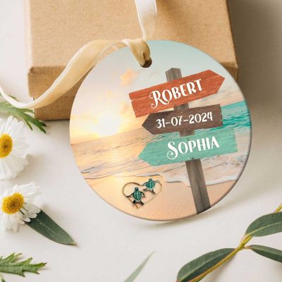Custom Beach Couple Ceramic Ornament With Names - Just Engaged Keepsake For Couple - Engagement Gift For Beach Lover