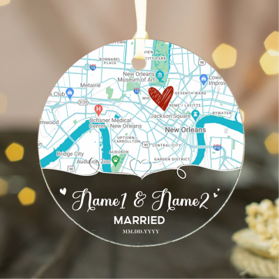 Personalized Location Map Married Acrylic Ornament - Newlywed Couples Keepsake Ornament - Custom Map Wedding Gifts For The Couple