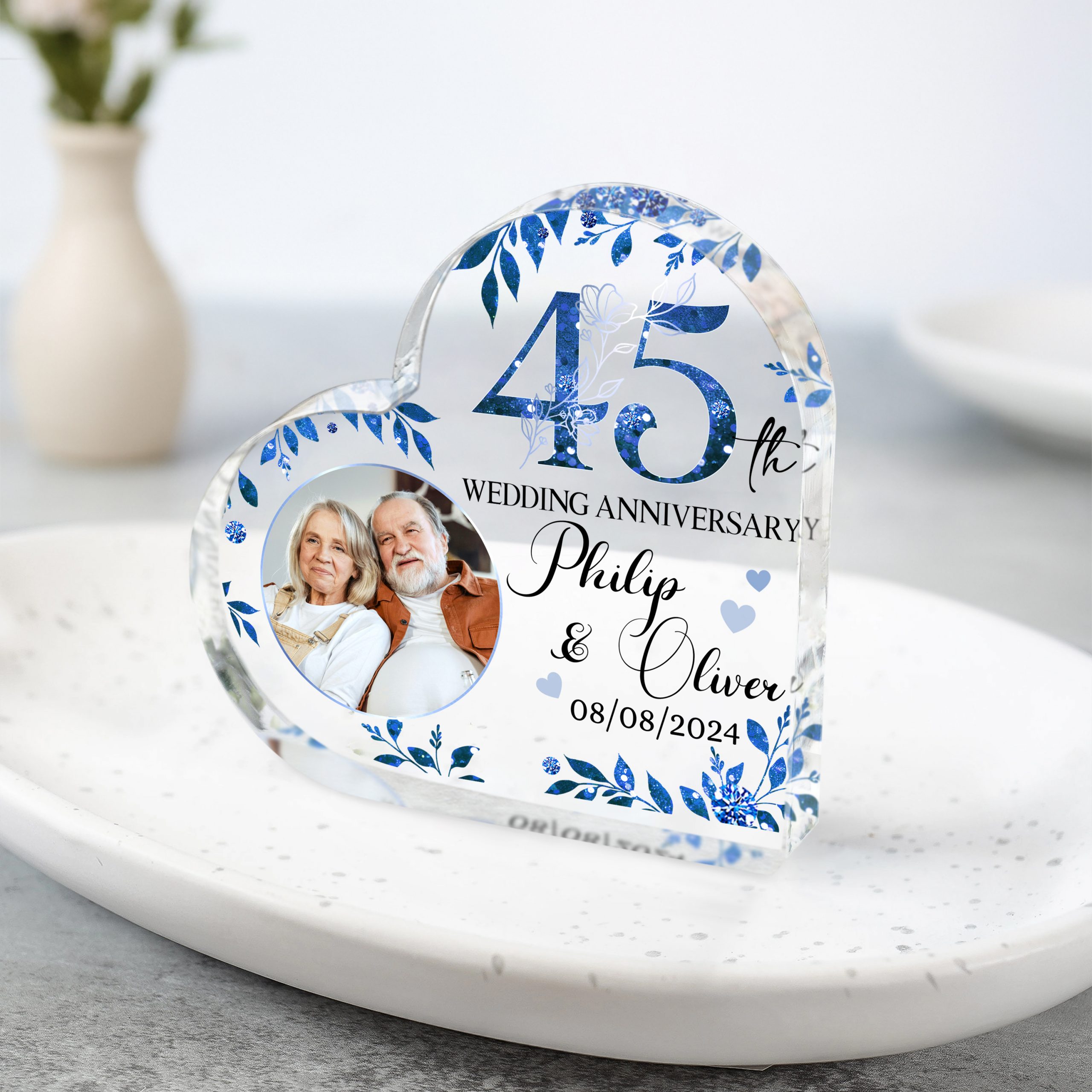 Personalized 45th Wedding Anniversary Heart Acrylic Plaque - 45 Years Wedding Gifts For Parents - Sapphire Anniversary Keepsake