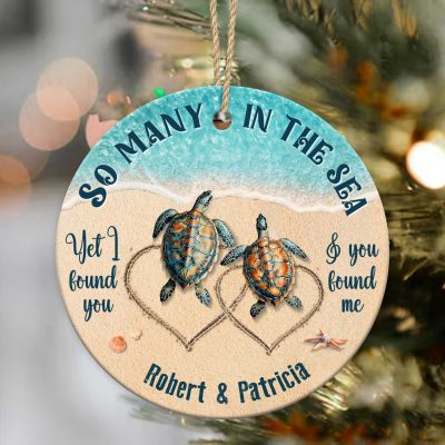 Custom Couple Turtle Beach Ornament With Names - Engagement Gift For Beach Lover - Couples Keepsake Christmas Ornament
